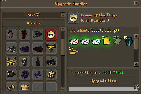The Upgrade Handler interface attempting a Crown of the Kings upgrade, showing its ingredients and a Success Chance of 25% with a BLM bonus of 0%.