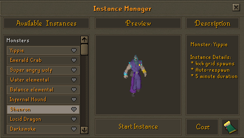 The Instance Manager, with Yippie selected from the Monsters list and its details shown: a 4x4 grid of spawns, auto-respawn, and a 5 minute duration.