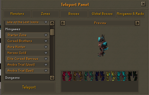 The Teleport Panel's Minigames & Raids tab, with Aura Hunter listed under Minigames.