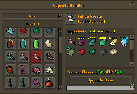 The Upgrade Handler crafting a Fallen Quiver, showing its full ingredient list and a 100% success chance.