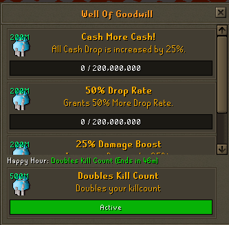 The Well of Goodwill panel showing four buffs with progress bars, and a Happy Hour banner reading "Doubles kill count (Ends in 46m)" marked Active.