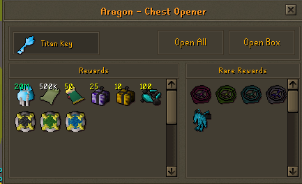 The Chest Opener with a Titan Key selected, showing its Rewards and Rare Rewards item grids.